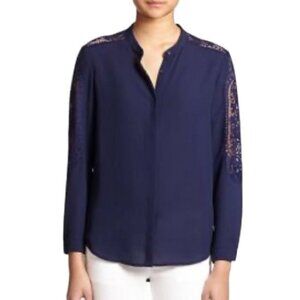 The Kooples Women's Extra Small Blue Lace Insert Long Sleeve Button Up Shirt